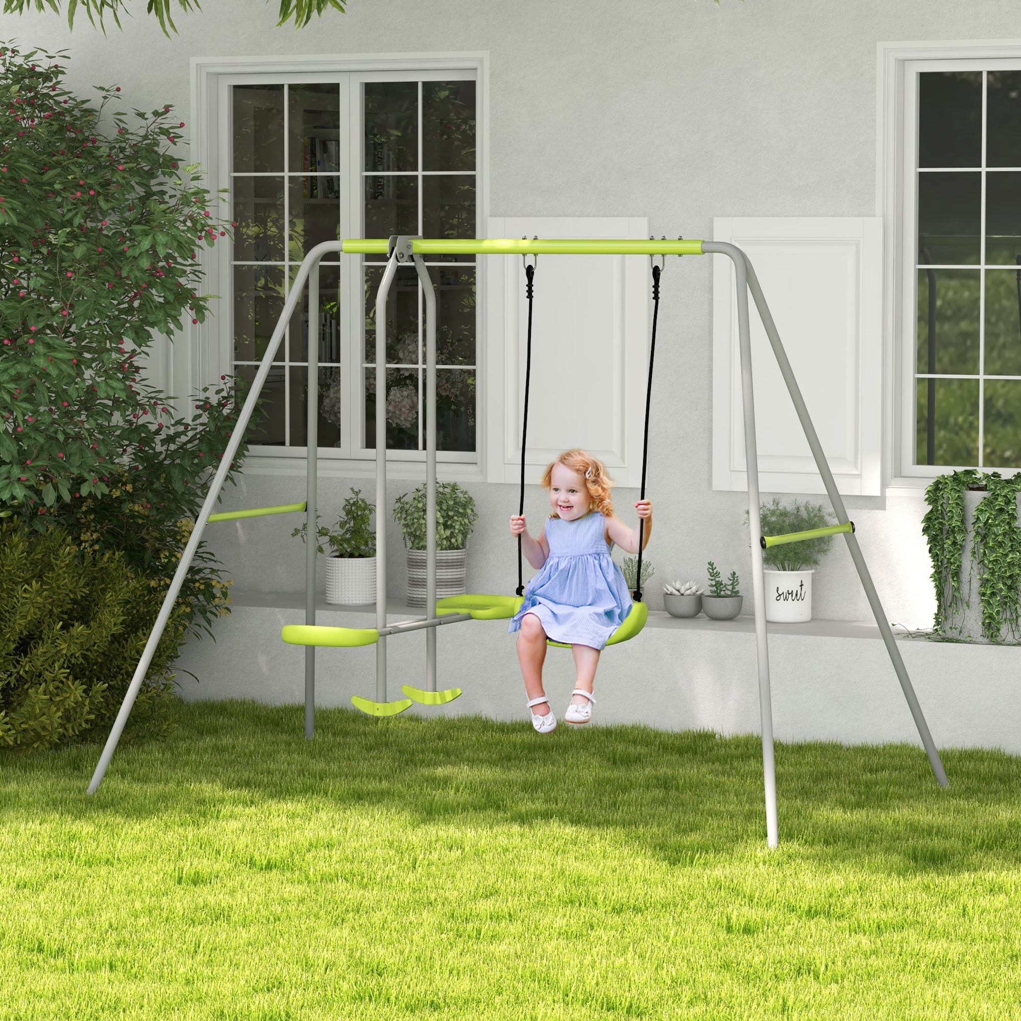 Columpio para Niños Columpio Jardín Exterior con 1 Columpio Simple 1 Planeador y Anti-UV Columpio Infantil Carga 135 kg 255x160x180 cm Gris y Verde