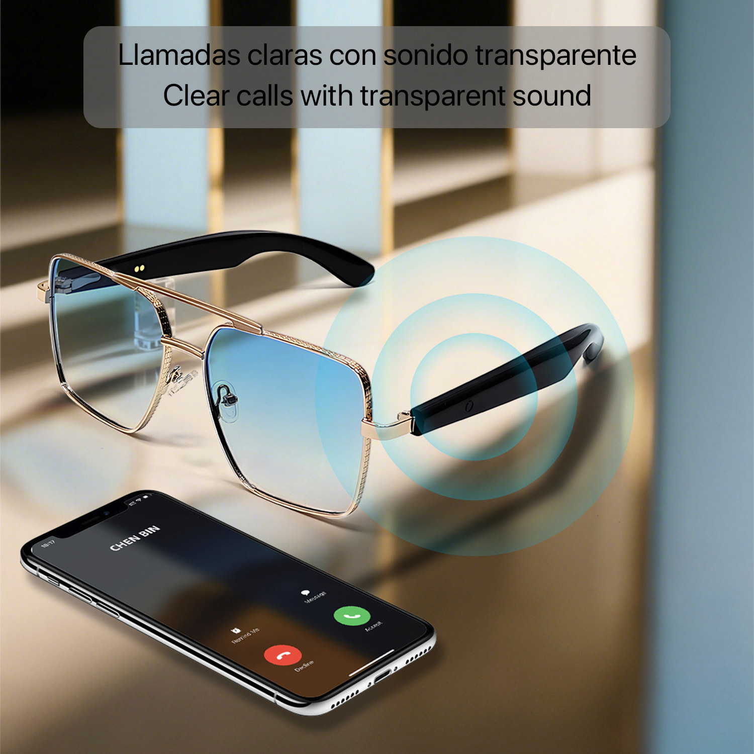 Occhiali AI GT-30 con chiamate bluetooth, controllo remoto della fotocamera, riproduzione musicale e assistente vocale.