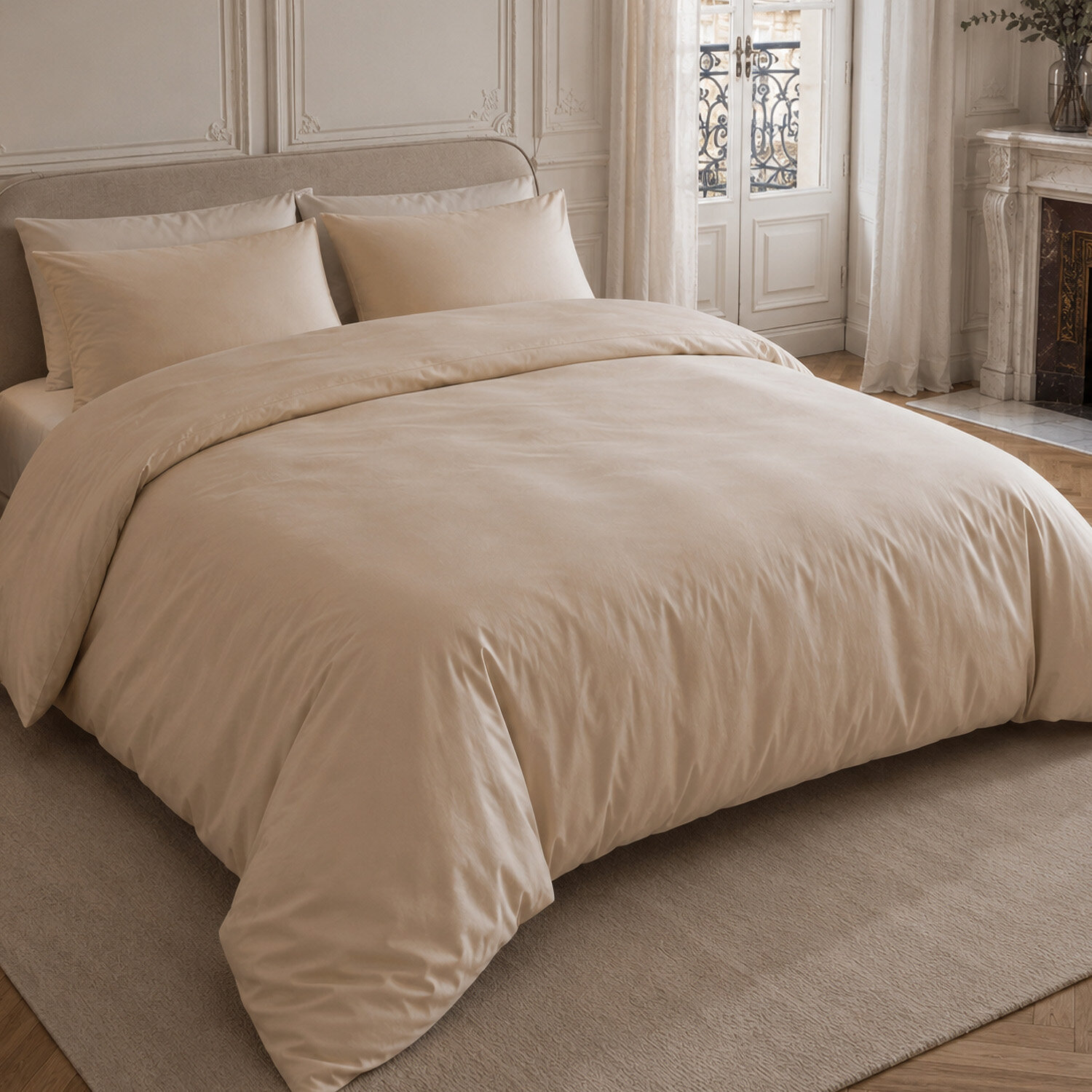 Drap housse 100% percale de coton beige- Finesse