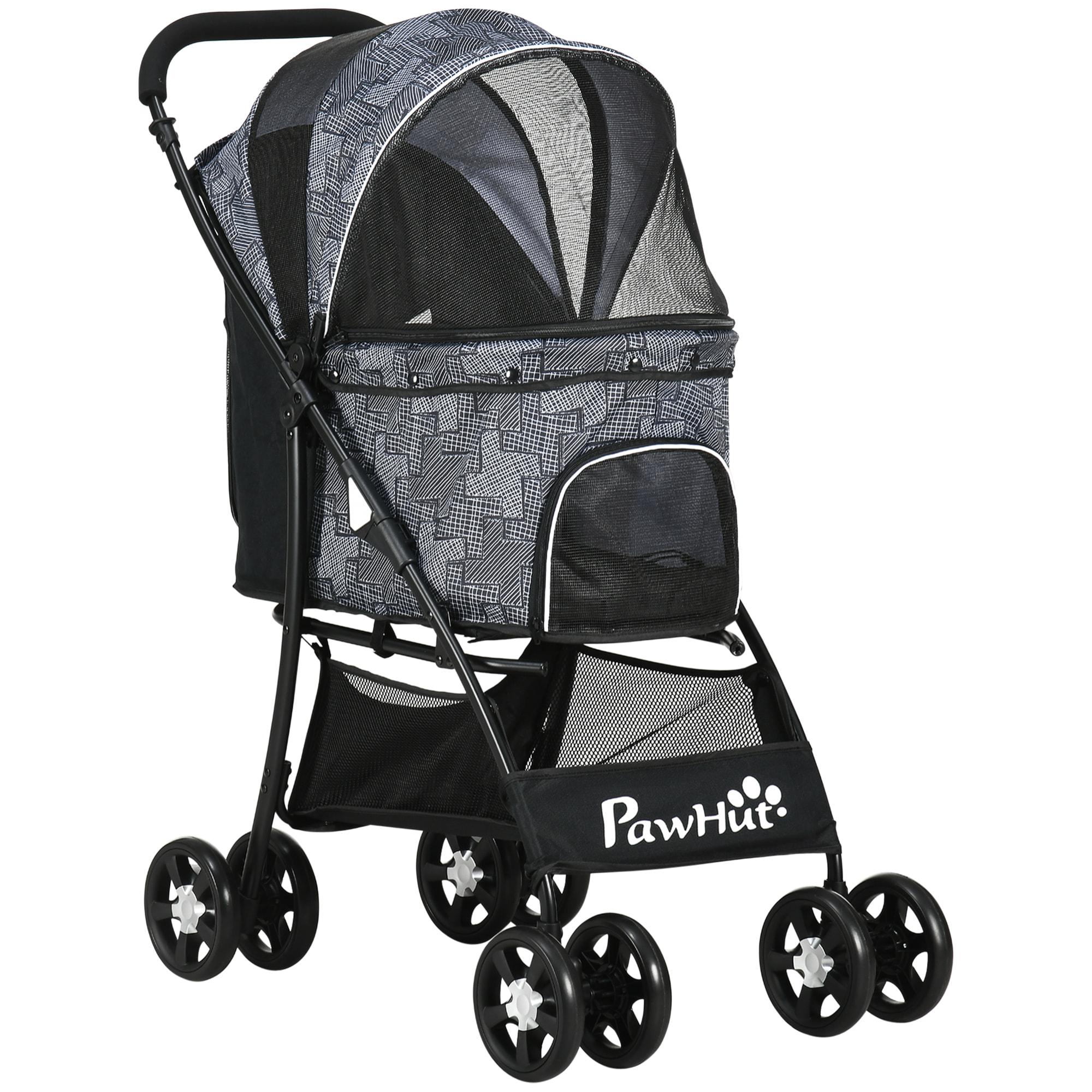 Carrito para Perros Plegable Cochecito para Mascotas Carrito para Perros Pequeños con Cesta de Almacenaje Capota Ajustable Ventana de Malla y 2 Ruedas Universales 81x48x99 cm Gris