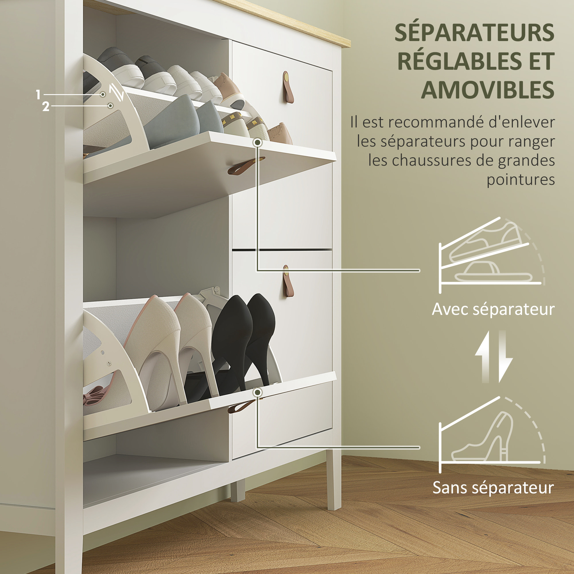 Meuble à chaussures armoire à chaussures 4 portes 4 étagères amovibles réglables dim. 105 x 24 x 95,5 cm blanc effet bois clair