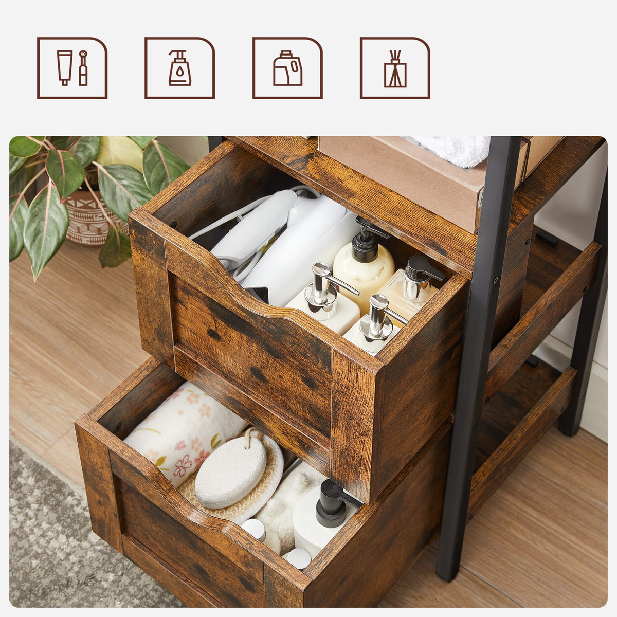 Mobiletto bagno industriale in legno e acciaio con cassetti