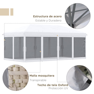 Carpa Plegable Pop-Up Gazebo 6x3 m Cenador Plegable con 6 Paredes Laterales de Malla Anti-UV y Bolsa de Transporte para Camping Fiestas Crema