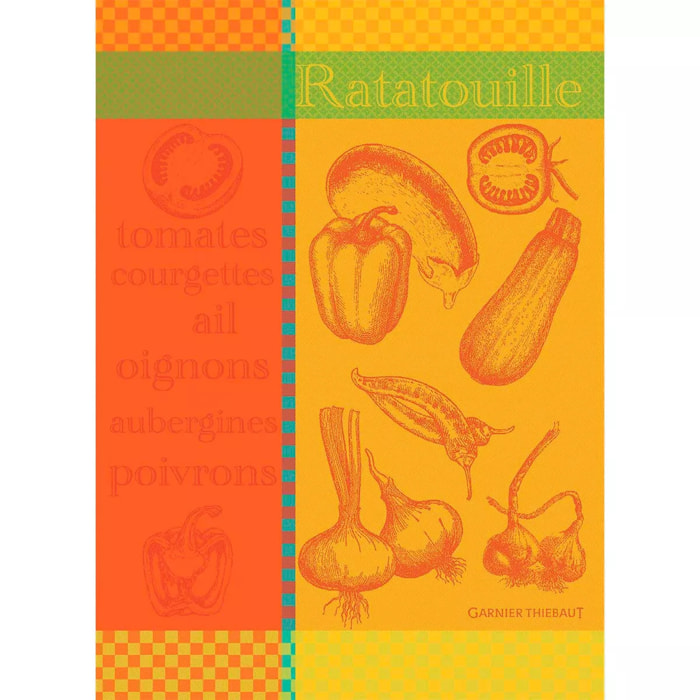 Torchon pur coton motif jacquard jaune orange Ratatouille cuivre