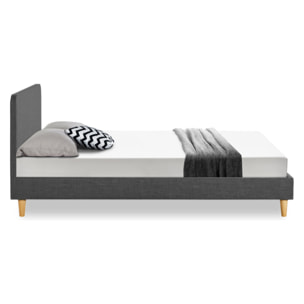 Lit Evy 160x200cm tissu gris pieds bois