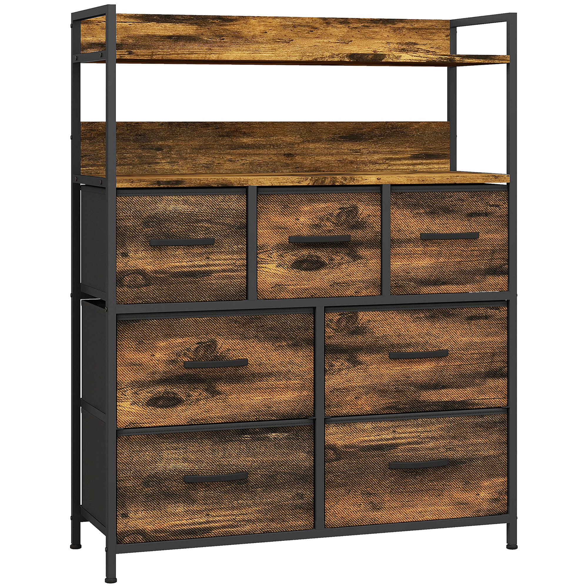 Commode style industriel - 7 tiroirs, 2 étagères - acier noir MDF non tissé effet bois vieilli
