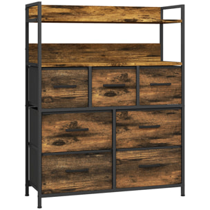 Commode style industriel - 7 tiroirs, 2 étagères - acier noir MDF non tissé effet bois vieilli