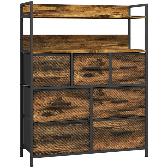 Commode style industriel - 7 tiroirs, 2 étagères - acier noir MDF non tissé effet bois vieilli