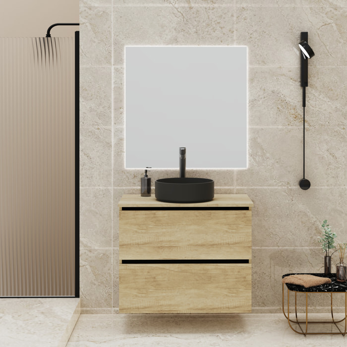 Conjunto de Baño Gloom | Mueble de Baño Suspendido | 90 cm Nature| Dos Cajones | Lavabo sobre Encimera | Mueble Montado | Alday