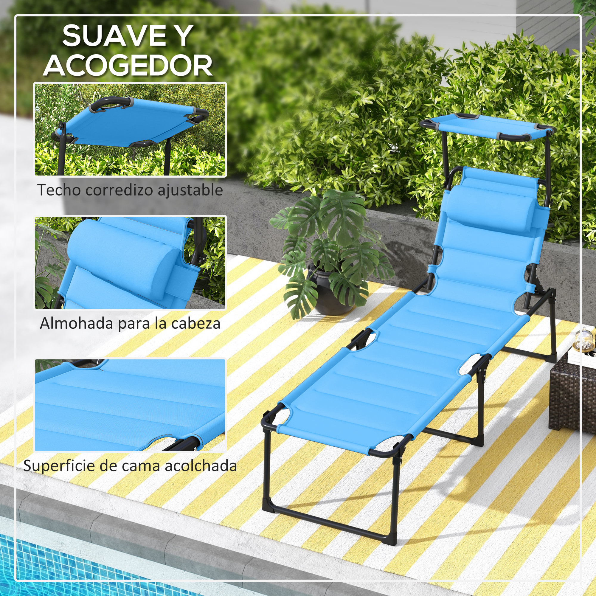 Tumbona Plegable, Tumbona Jardín Exterior con Toldo Ajustable, Respaldo Regulable en 4 Niveles, Reposacabezas, Cojín Grueso, para Terraza, Piscina, 70x200x45 cm, Azul Claro