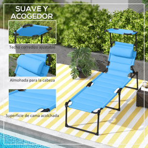 Tumbona Plegable, Tumbona Jardín Exterior con Toldo Ajustable, Respaldo Regulable en 4 Niveles, Reposacabezas, Cojín Grueso, para Terraza, Piscina, 70x200x45 cm, Azul Claro