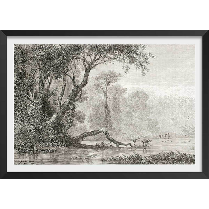 Affiche gravure les bords du fleuve Affiche + cadre en bois - Noir