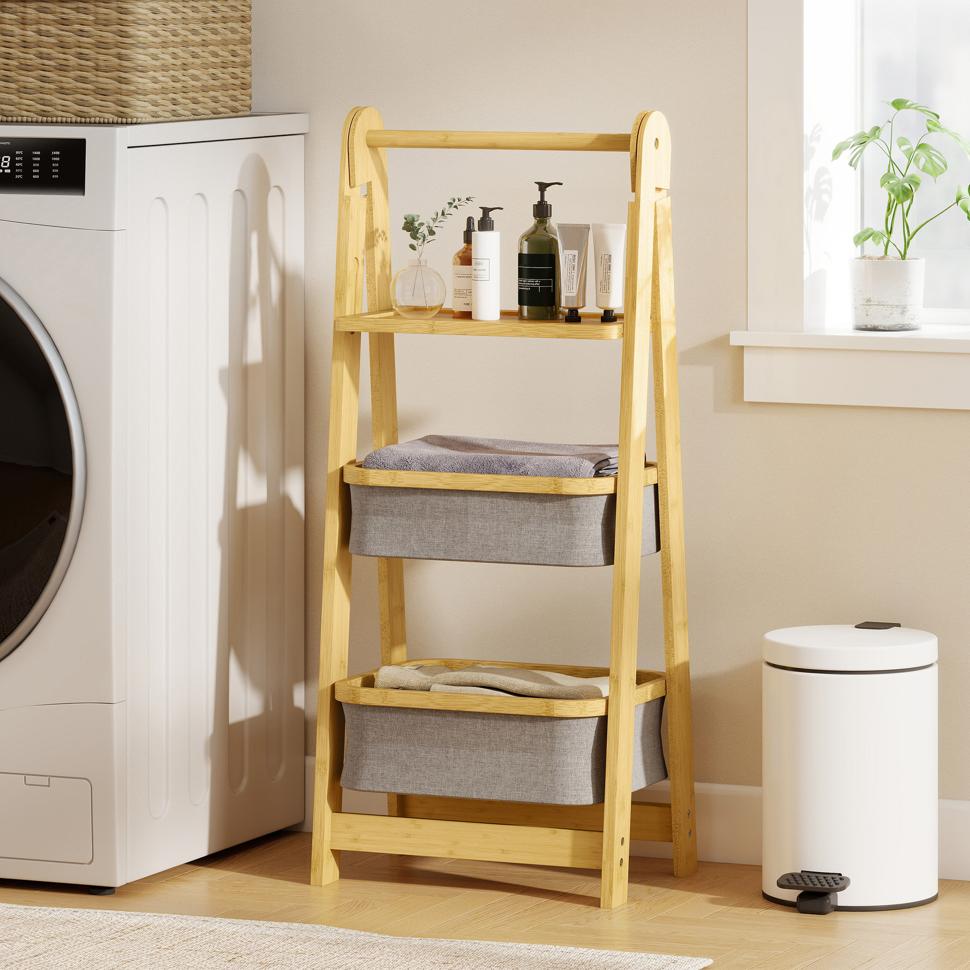 Estantería para Baño Plegable de Bambú, Estante de Baño con 2 Cestos para Ropa Sucia, Estante Abierto, para Dormitorio, Lavadero, Gris