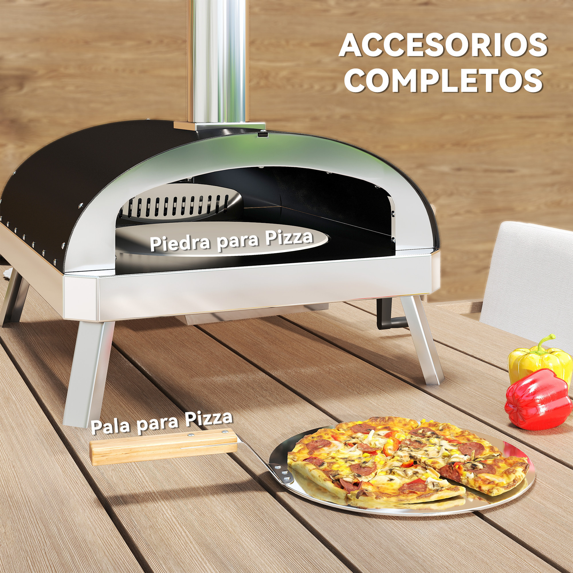Mini Horno de Pizza Exterior Portátil Horno de Leña con Piedra Refractaria Ø33 cm Mangos de Madera Termómetro y Bandeja Giratoria para Jardín Terraza Camping Patio