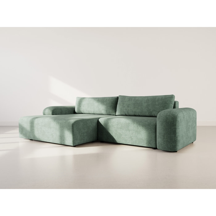 Rebecca - canapé d'angle gauche 4 places convertible avec coffre en velours texturé - Vert