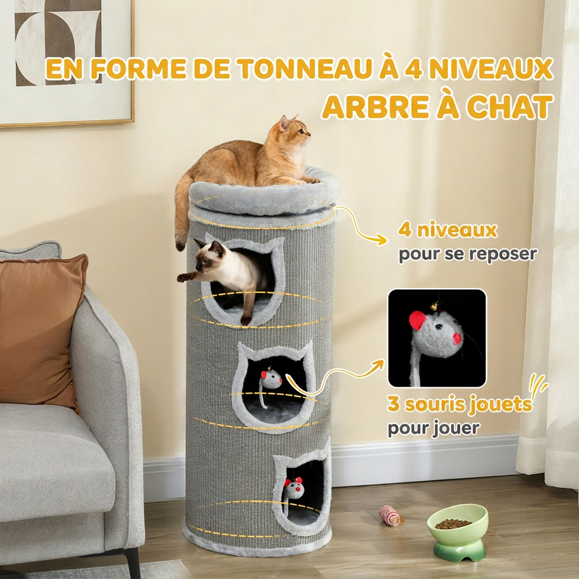 Tour à griffer pour chat - arbre à chat - 3 niches, 3 jouets, panier haut - sisal peluche gris