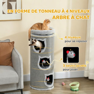 Tour à griffer pour chat - arbre à chat - 3 niches, 3 jouets, panier haut - sisal peluche gris