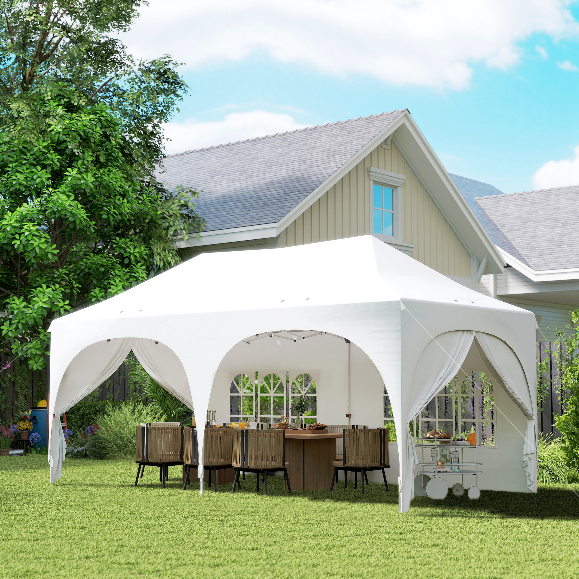 Tonnelle pliante 3x6m imperméable anti-UV, barnum avec 6 parois & 6 sacs de sable - tente de réception 12 trous de drainage - pavillon pop-up, 4 fenêtres église pour mariage, marché - blanc