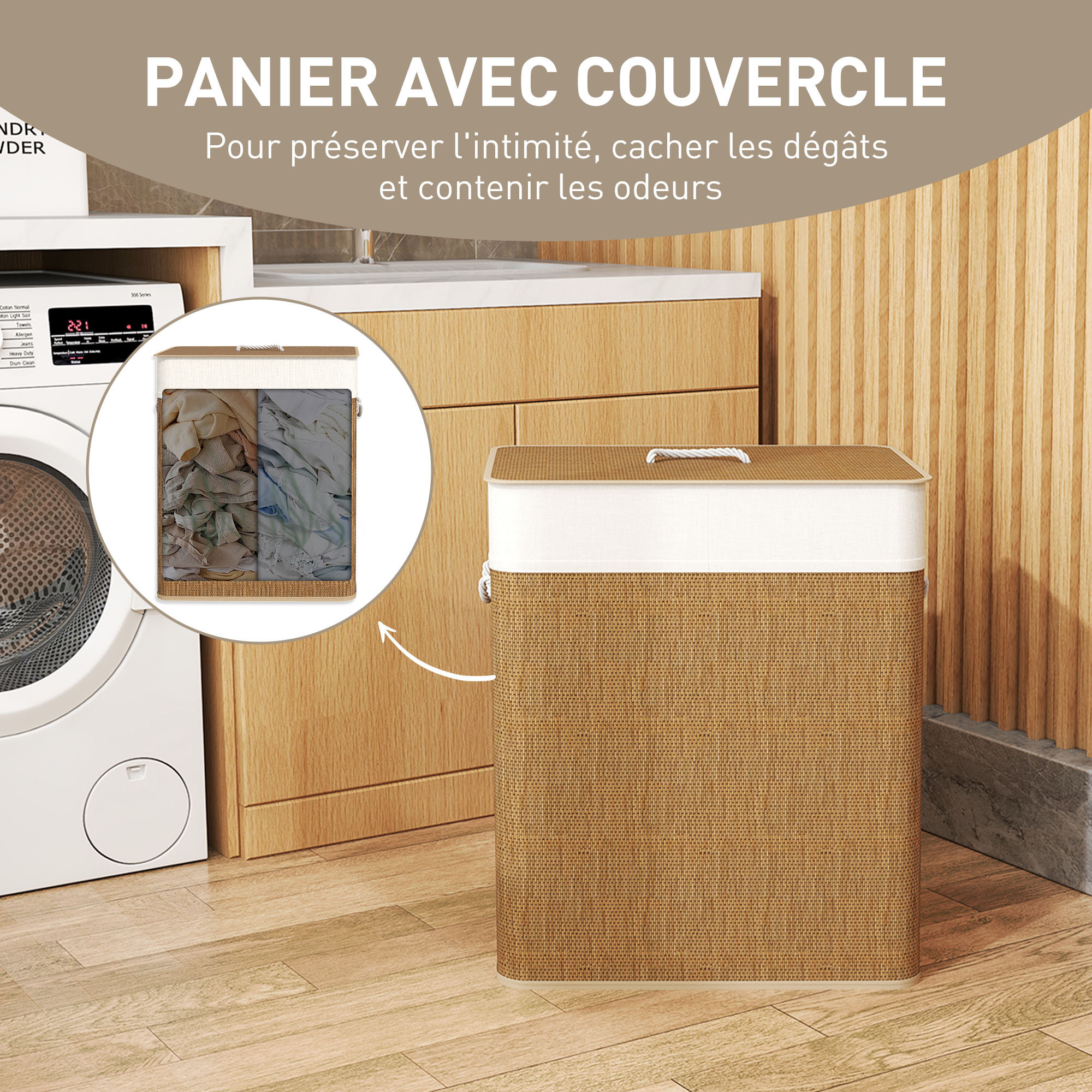 Panier à linge double 100L - corbeille à linge avec couvercle et poignées - tissage bambou naturel