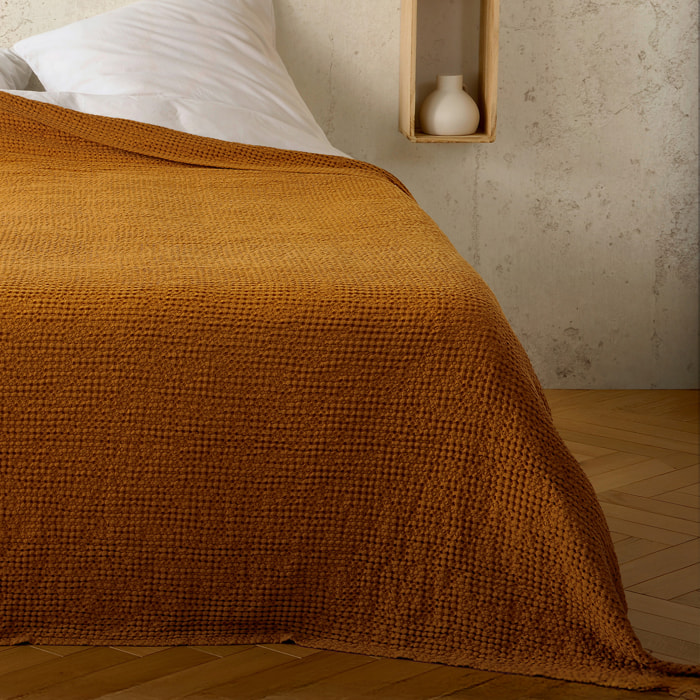 Plaid ou couvre lit 100%  coton nid d’abeille - Jaune Ocre