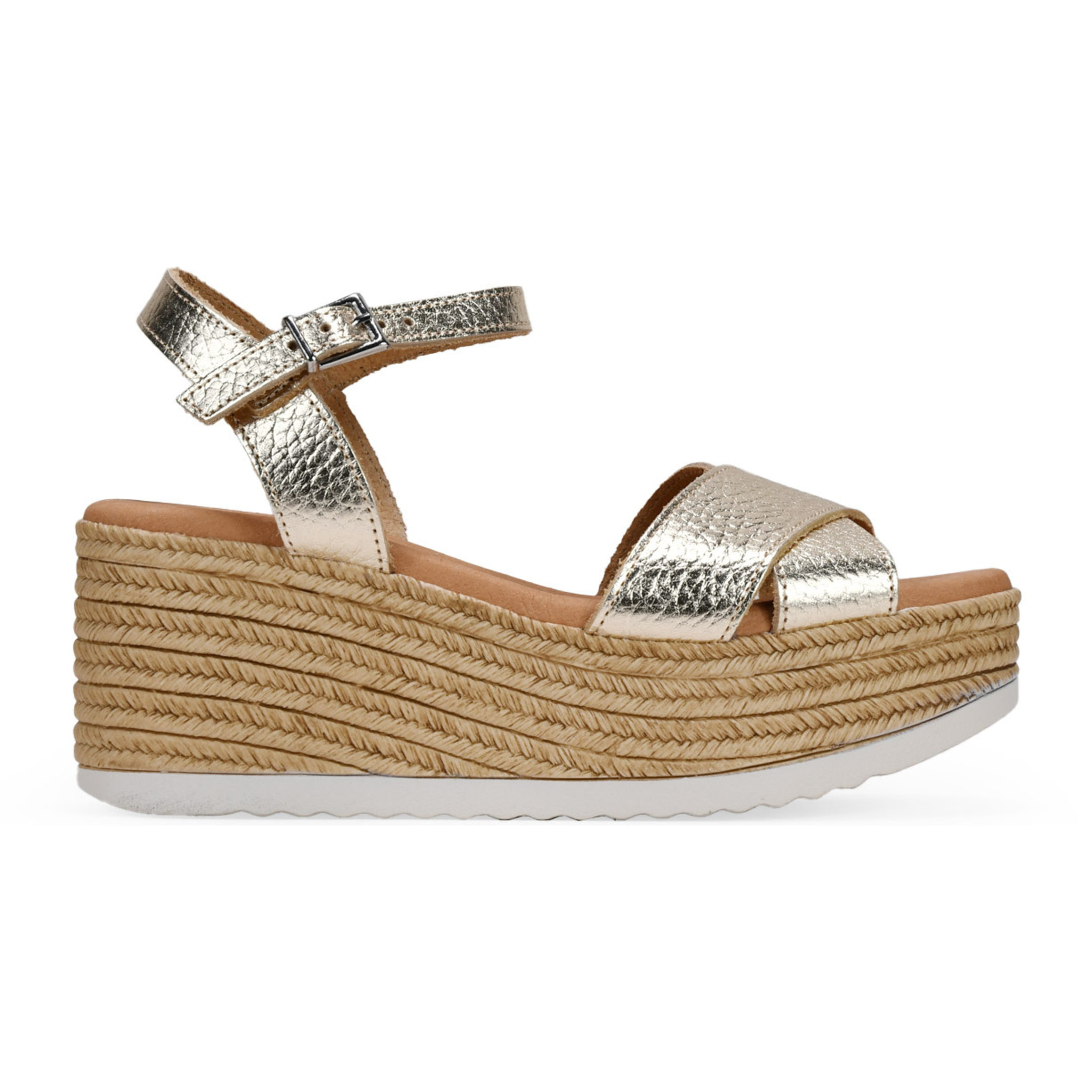 Sandalias de piel doradas con cuña y plataforma de esparto