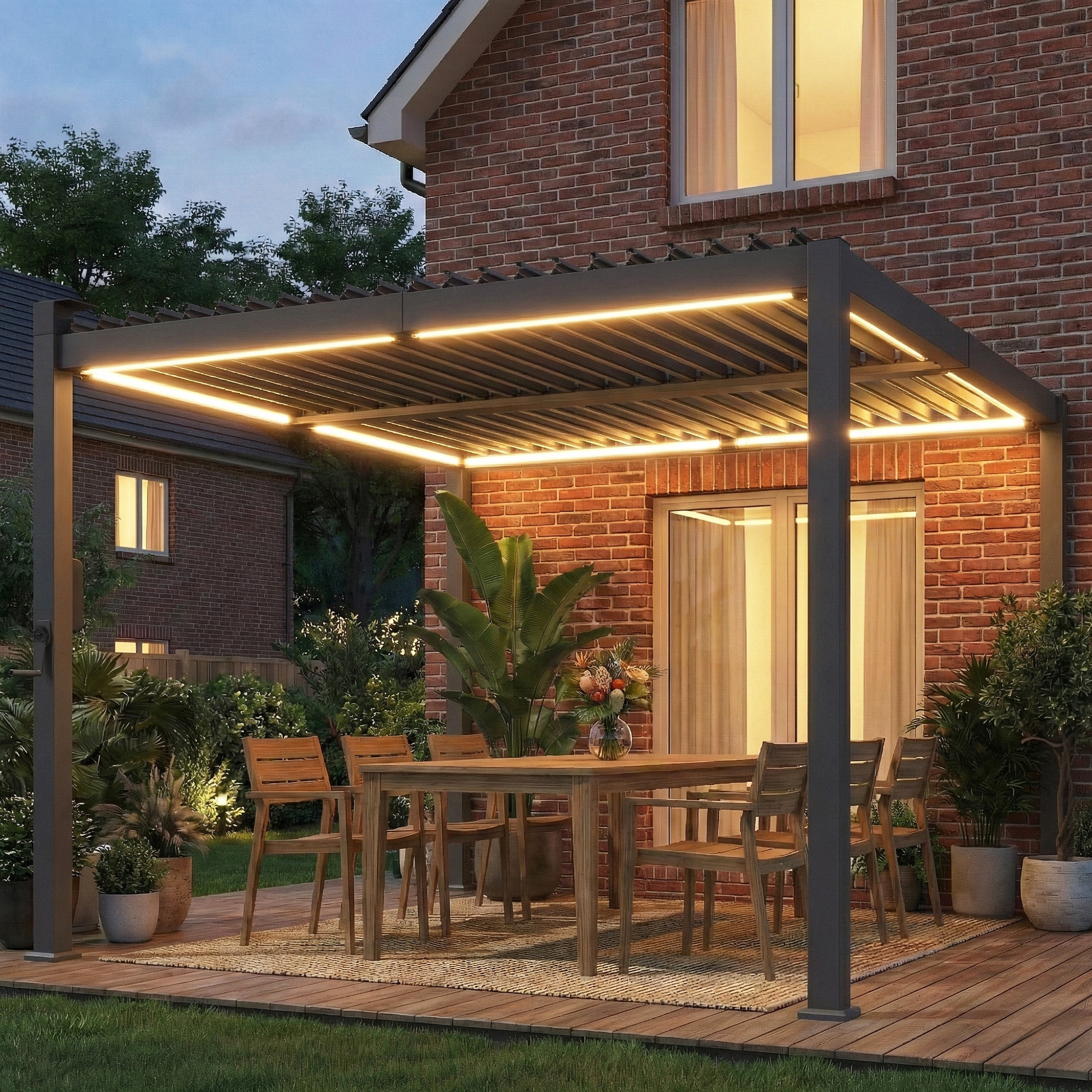 Pergola bioclimatique lames orientables éclairage LED solaire métal noir