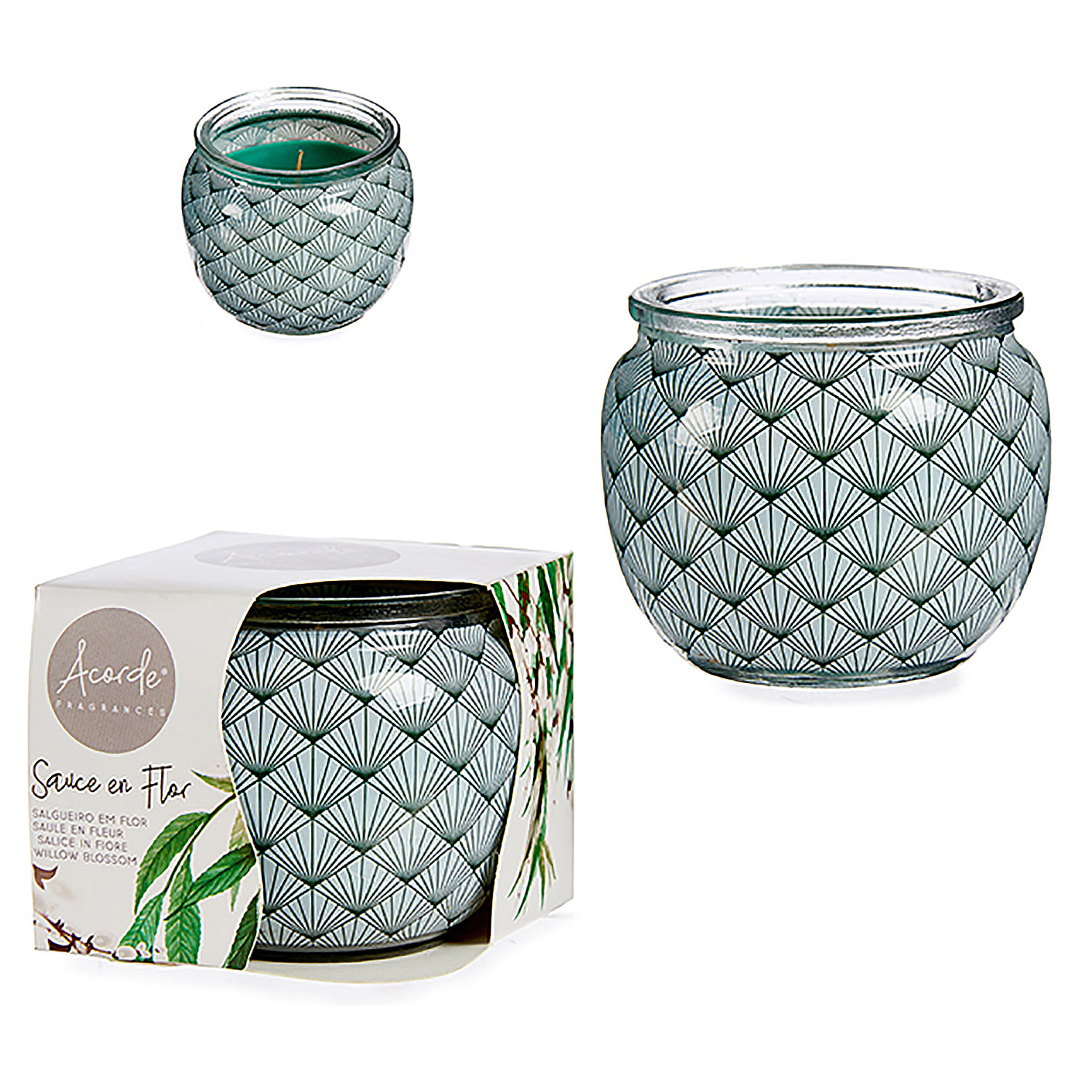 Candela profumata in barattolo di vetro profumo di salice in fiore.