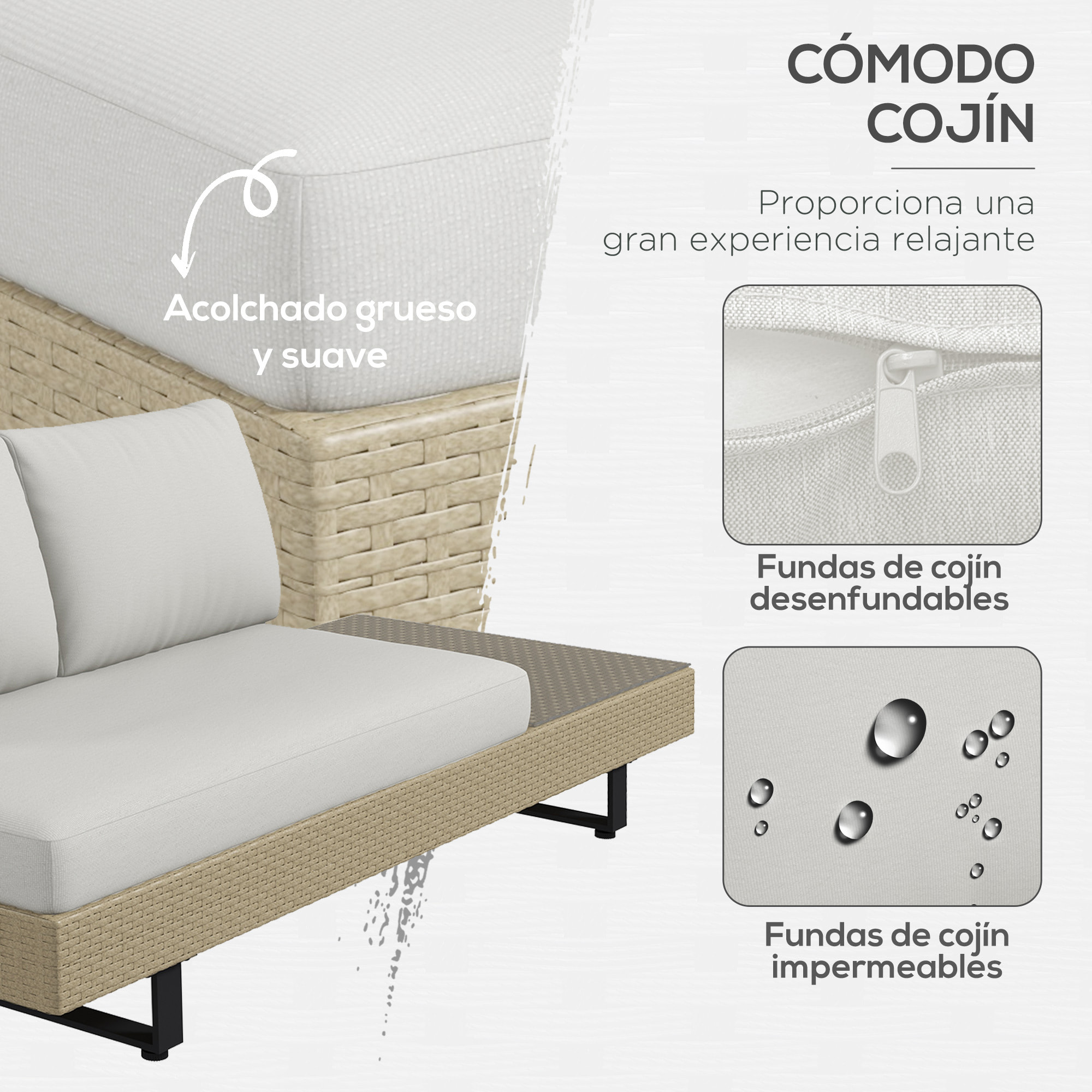 Conjunto de Muebles Ratán de 3 Piezas Mesa de Centro Sofá Doble y Sofá de 3 Plazas con Cojines Extraíbles para Exterior Jardín Terraza Patio Acero Beige