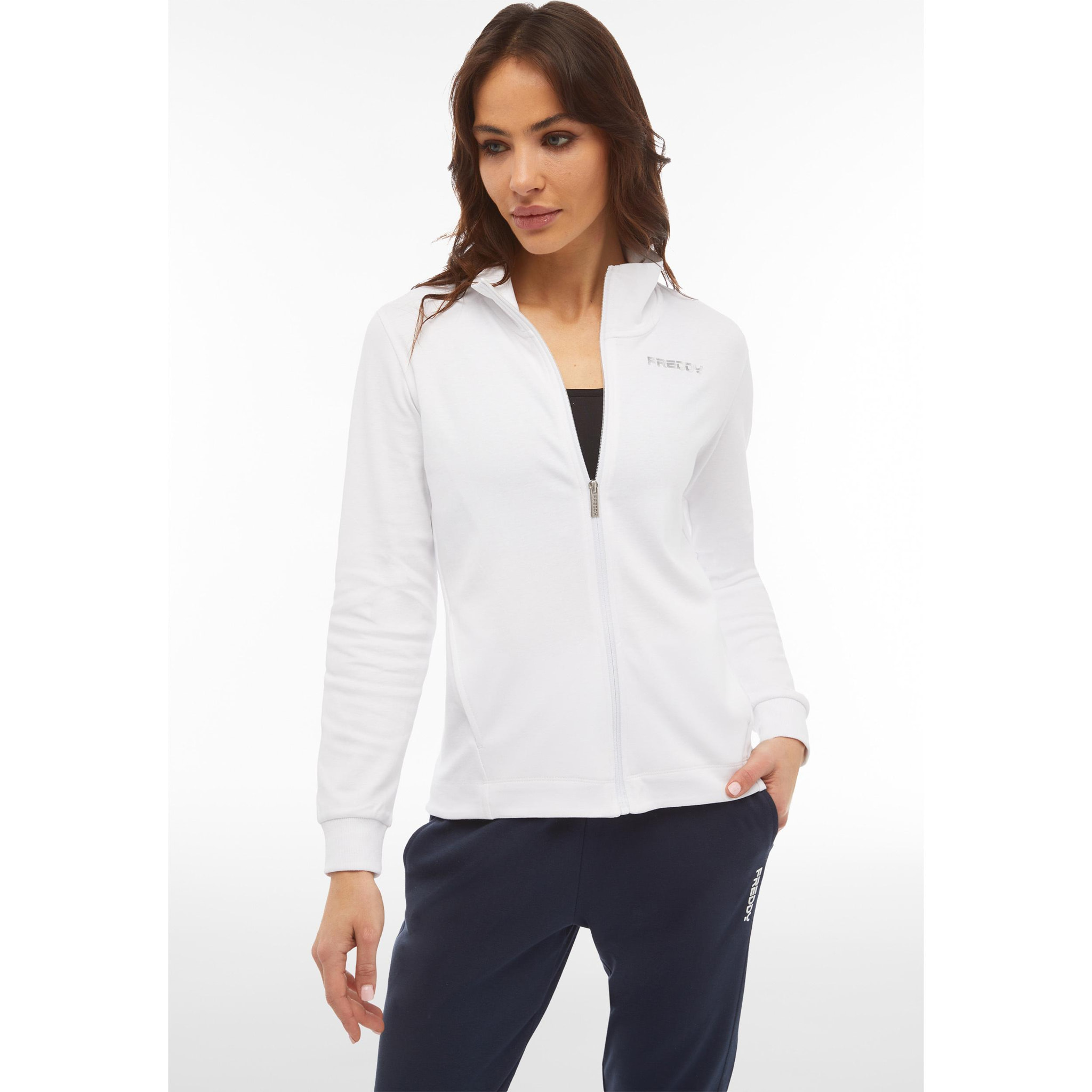 Tuta donna in cotone interlock con zip e collo alto