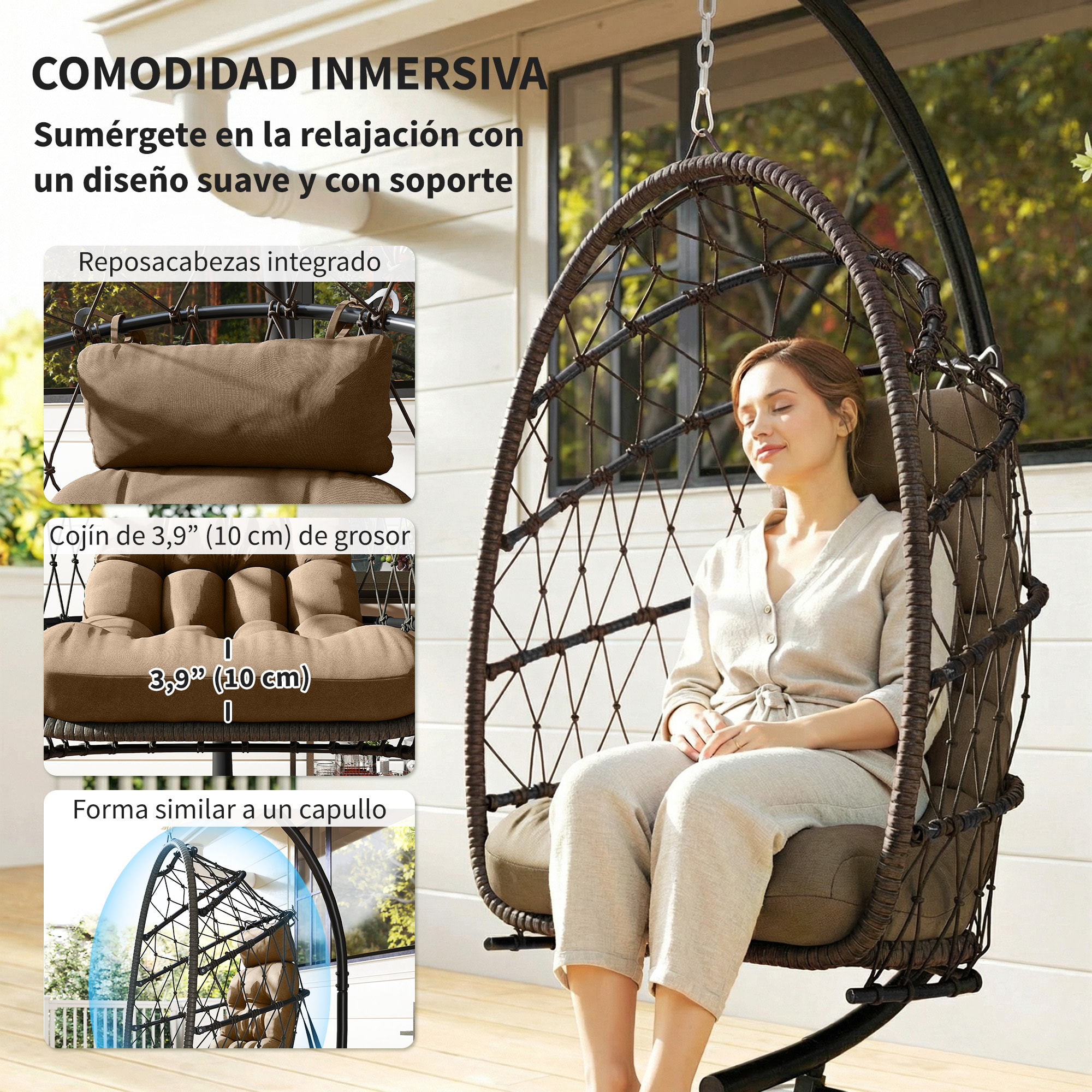 Silla Colgante Huevo con Soporte, Columpio Jardín Exterior con Cesta Plegable de Ratán, Cojín Grueso, Reposacabezas, Altura Ajustable, Funda Protectora Cuerda para Interior y Exterior, Marrón