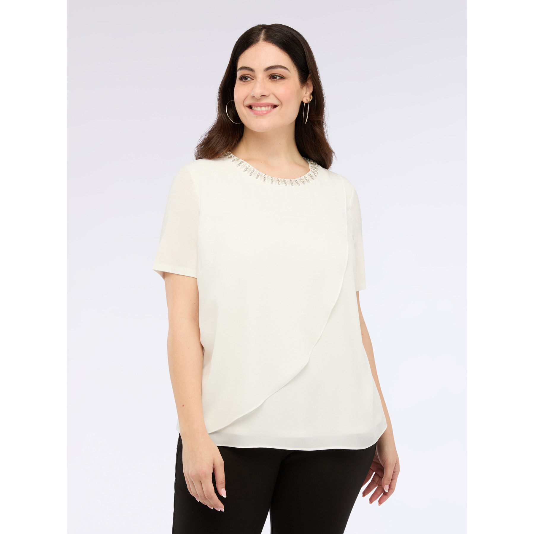 Fiorella Rubino - Camiseta bimaterial con aplicaciones de joyería - Blanco