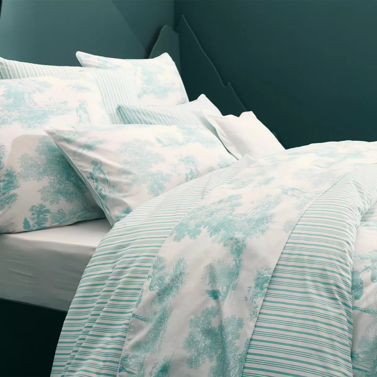 Housse de couette percale de coton imprimé bleu Poesie aqua