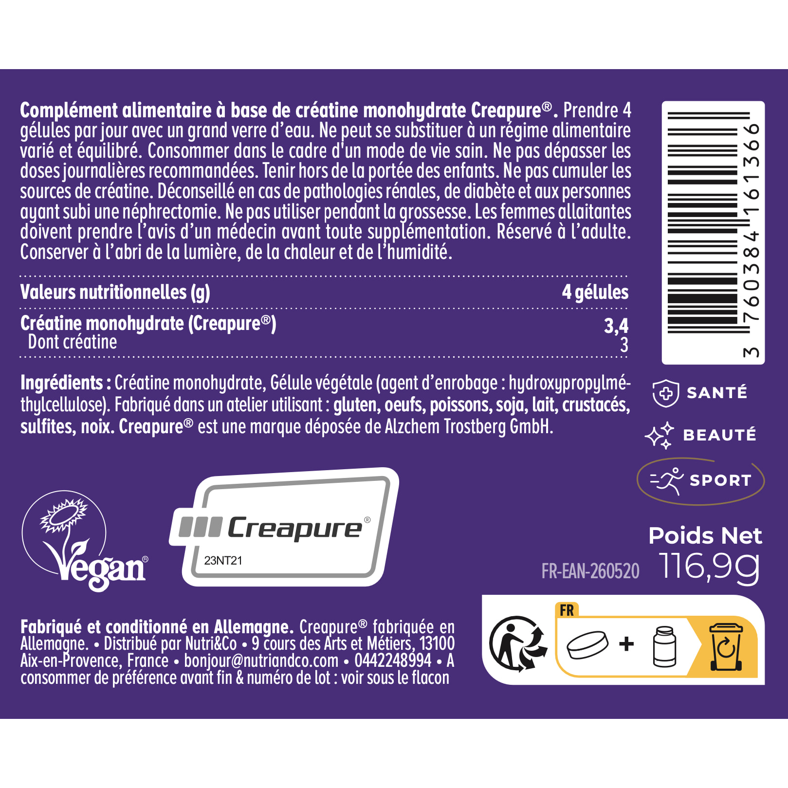 Créatine Monohydrate Creapure® 100% Pure - 120 gélules - Lot de 3