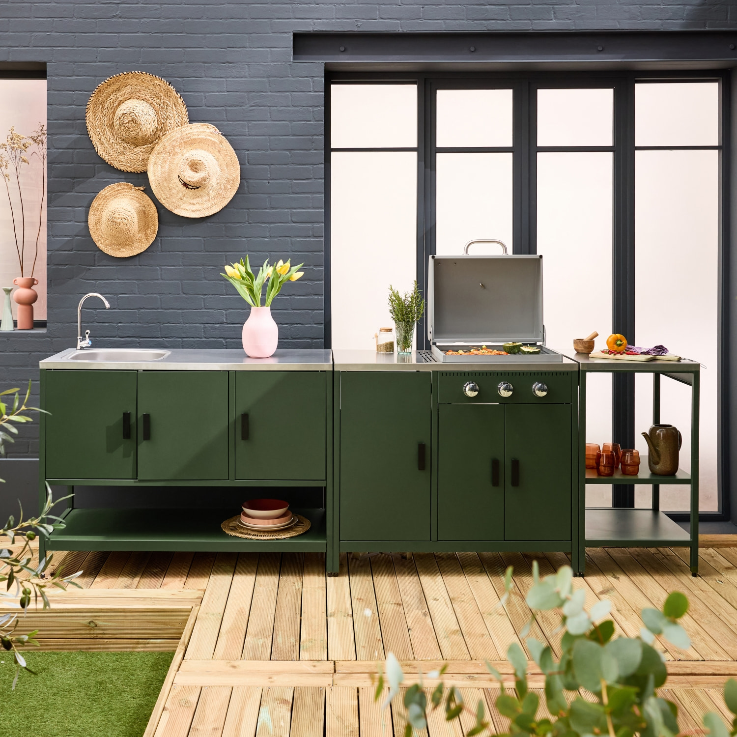 Cuisine d'extérieure 3 modules avec barbecue gaz 3 brûleurs sur pieds, thermomètre NAXOS BARBECUE GAZ + 2 MODULES