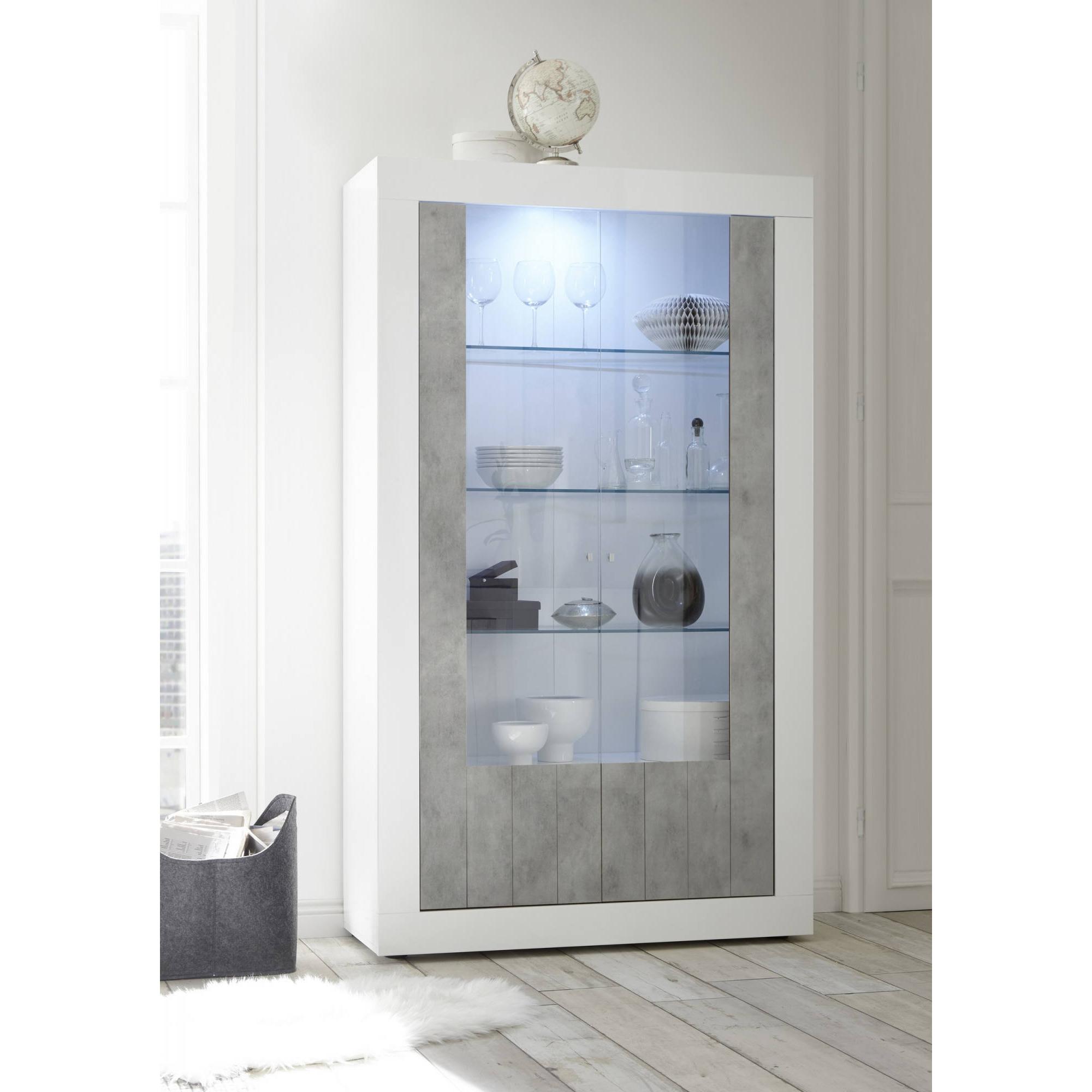 Vetrina moderna con scaffali, Made in Italy, Credenza con anta a vetro, Mobile da soggiorno, Vetrinetta, cm 110x42h190, colore Bianco lucido e Cemento