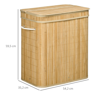 Cesto de Ropa Sucia con Tapa, 90L, Cesta Ropa Sucia de Bambú con 2 Compartimentos, Bolsa Interior Extraíble y Lavable, Asas, para Lavandería, Dormitorio, 54,2x35,2x59,5 cm, Natural