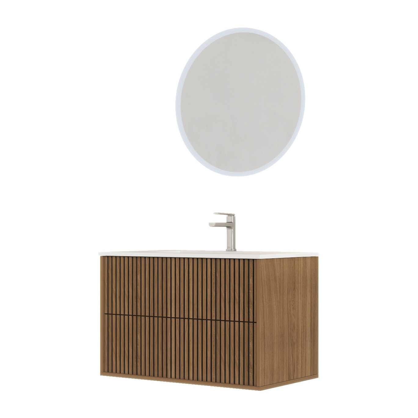 Meuble Salle de Bains YUKI 60 - 2 Tiroirs Décor Chêne et Noir - Vasque Blanche - Miroir LED 60