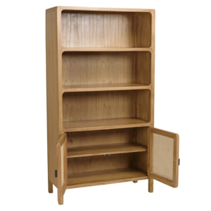 AMY - Bibliothèque 2 portes 3 étagères H180cm en bois de mindi et rotin