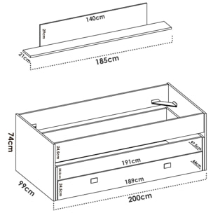 Letto per bambini Ortles, Struttura con secondo lettino estraibile, Letto singolo per cameretta con 1 cassettone e mensola, 200x99h74 cm, Bianco e Blu