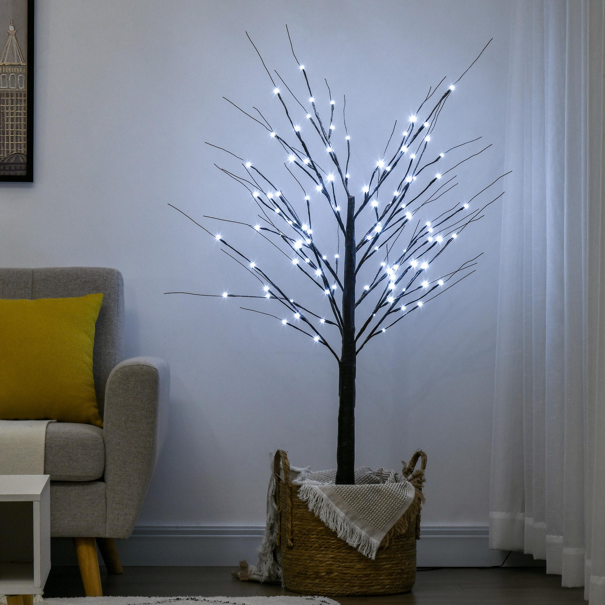 Árbol de Abedul Artificial 150 cm, Lámpara de Árbol con 96 Luces LED Blanco Frío, Nieve Falsa, Base Metálica, Decoración Navideña para Fiestas, Cumpleaños, Interiores, Marrón