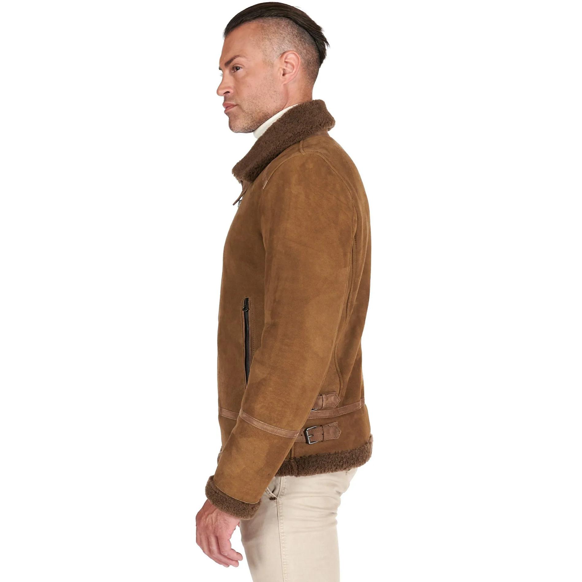 Montone scamosciato cuoio Shearling biker uomo collo camicia