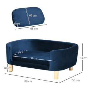 Sofá para Perros Pequeños, Cama para Perros Elevada con Patas de Madera, Cojín Desmontable y Funda Lavable, Carga 10 kg, 86x55x33 cm, Azul