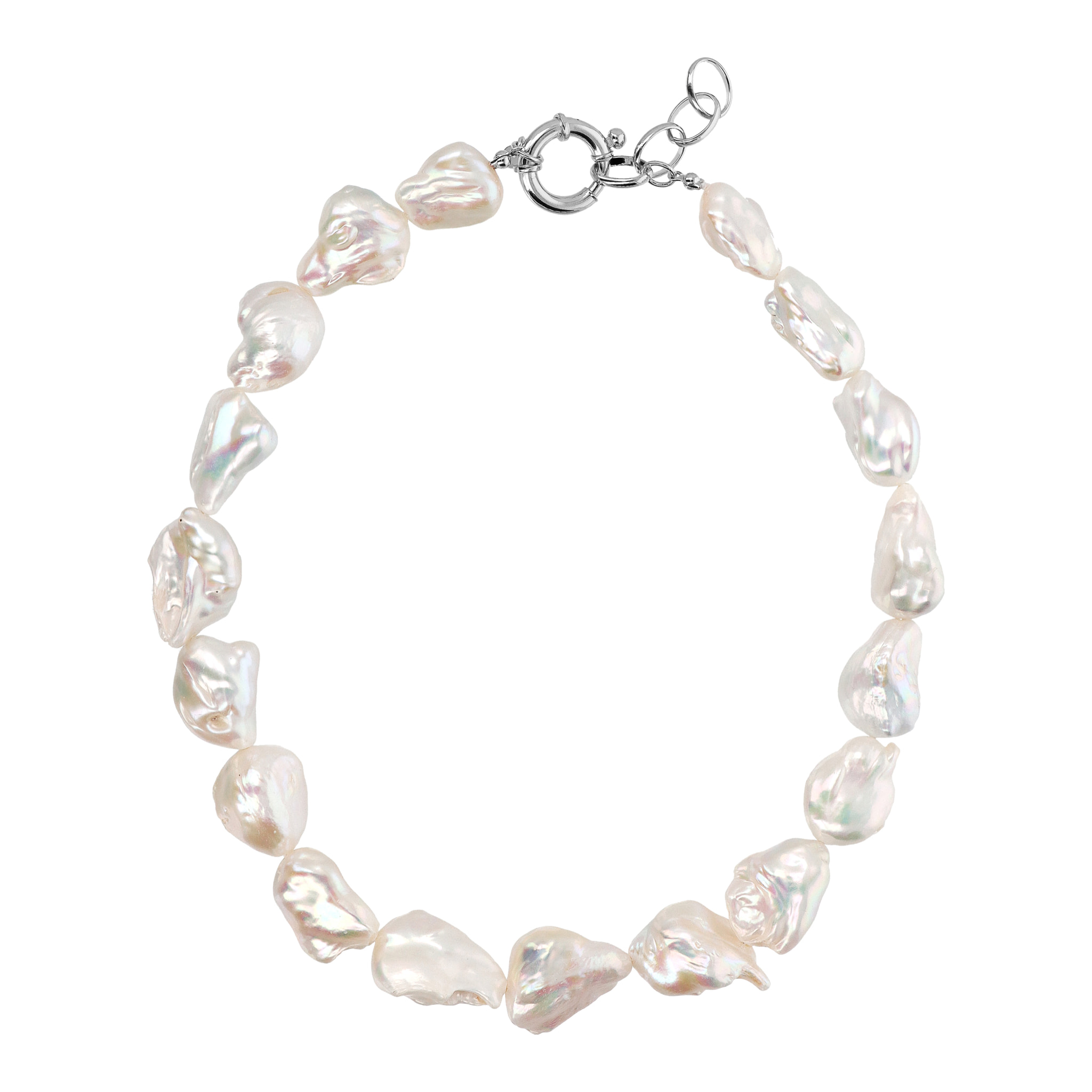 PERLAVIVA - Collana Girocollo in Argento 925 placcato Oro Bianco 18Kt con Perle Barocche Bianche d'Acqua Dolce Ø 15/16 mm