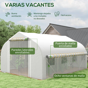 Invernadero de Túnel 4x3x2 m Invernadero de Jardín con Puerta de Malla y 8 Ventanas Invernadero de Huerto con Techo Puntiagudo Persianas y Enrollables para Cultivos Plantas Verduras Blanco