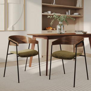 Lot de 2 chaises en velours vert kaki et bois de noyer - Esmée