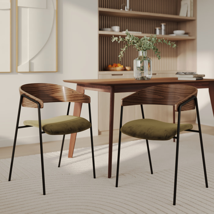 Lot de 2 chaises en velours vert kaki et bois de noyer - Esmée