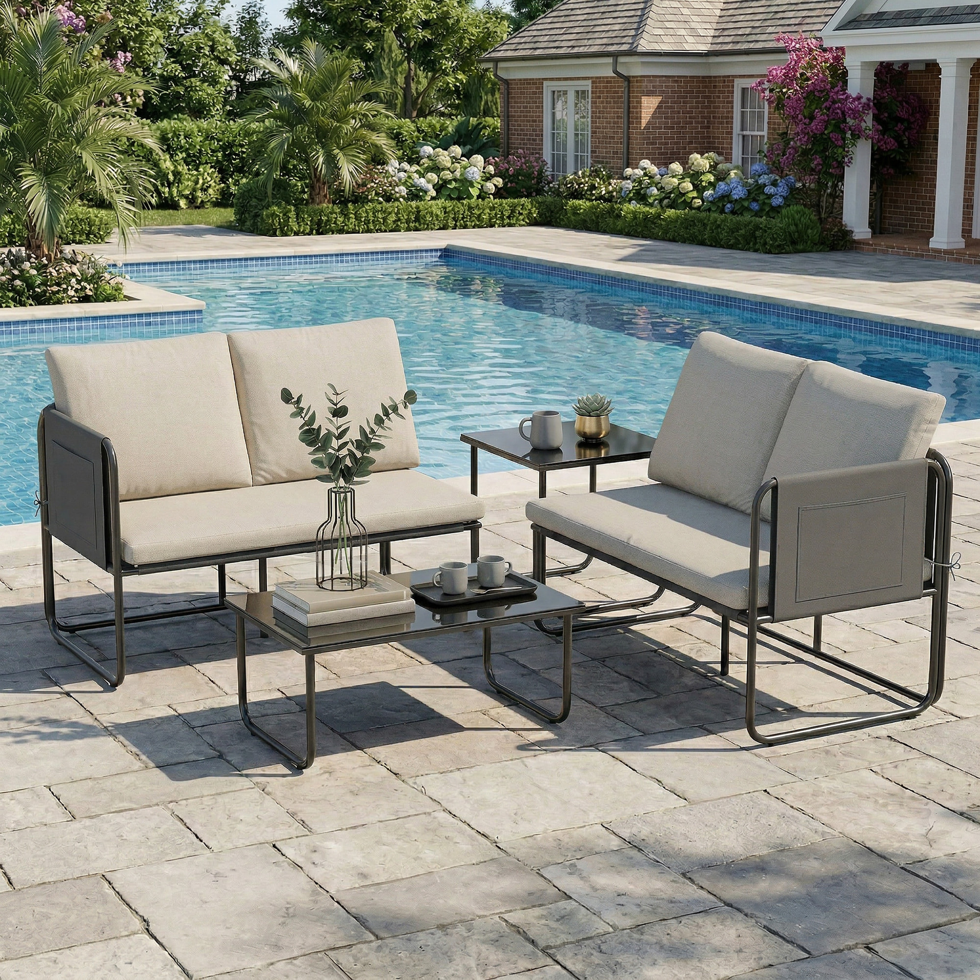 Conjunto Jardín Exterior de 4 Piezas, Muebles Jardín Exterior con 2 Sofás 2 Plazas, 2 Mesas de Vidrio, Cojines, Fundas Extraíbles, Bolsillos, Tela Textilene Transpirable, Marco Acero, Caqui