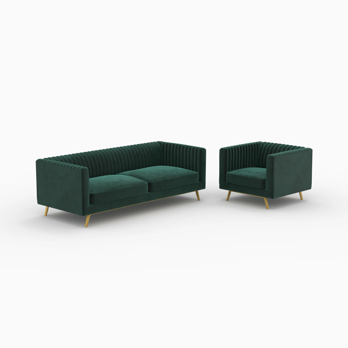 Ensemble canapé et fauteuil en velours vert 3 places - Gatsby