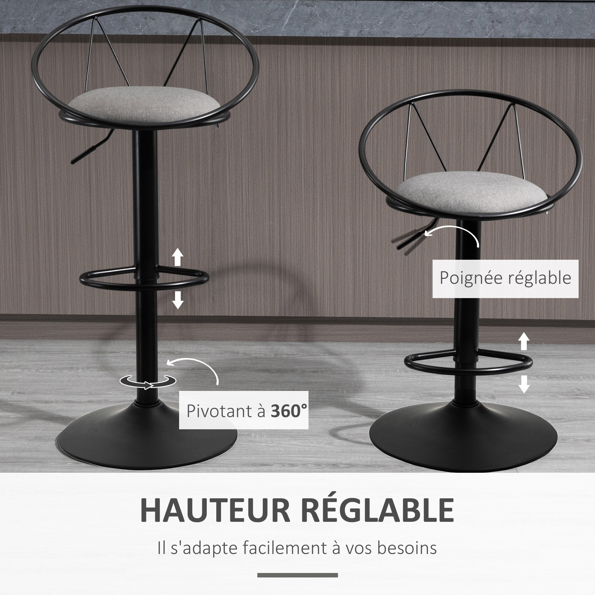 Lot de 2 tabourets de bar design néo-rétro réglable pivotant avec repose-pied métal noir lin gris