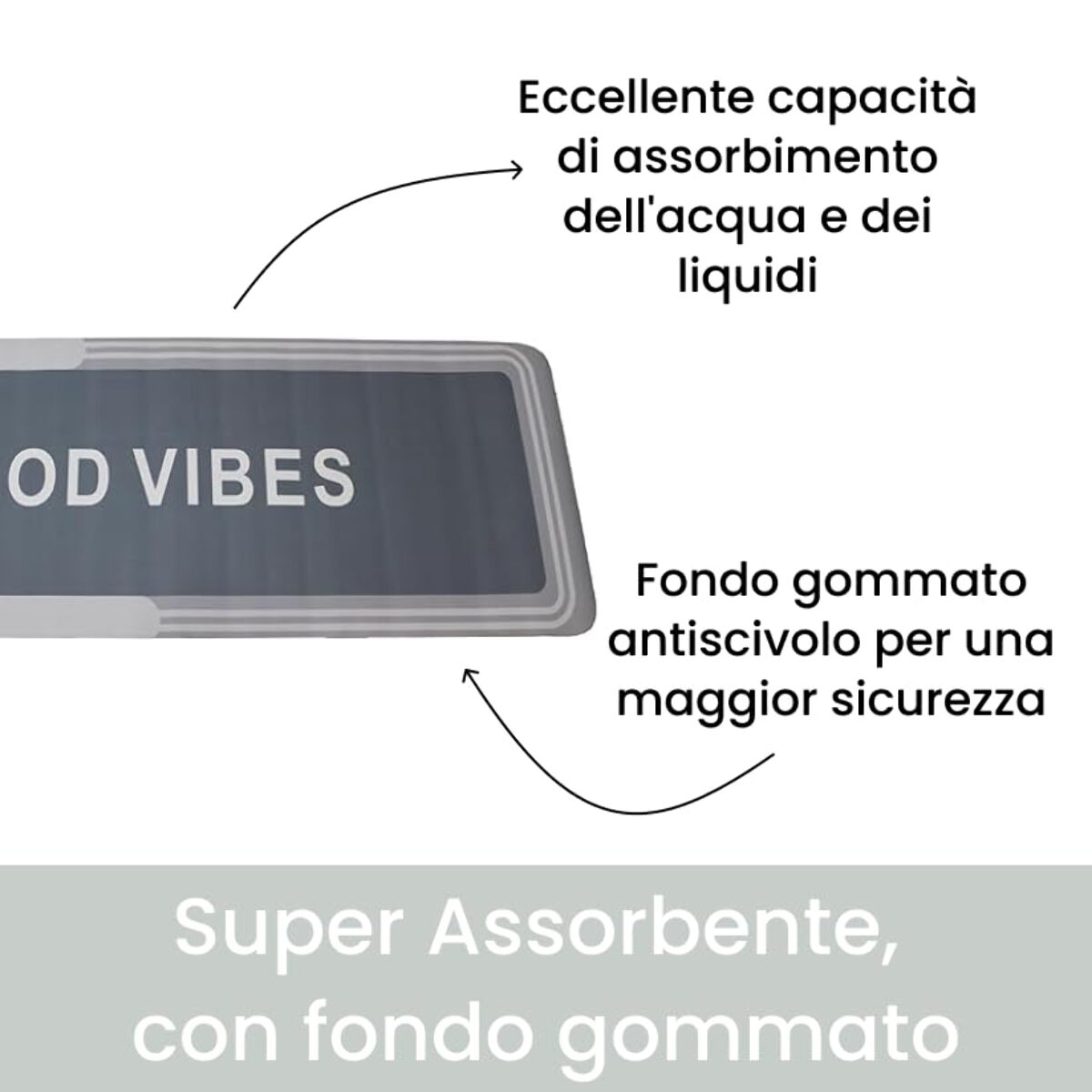 Tappeto Bagno, Tappeto Doccia Antiscivolo, Assorbente, Lavabile, 50x140 cm, Tappetino Magico per Bagno e Cucina. Modello: Good Vibes